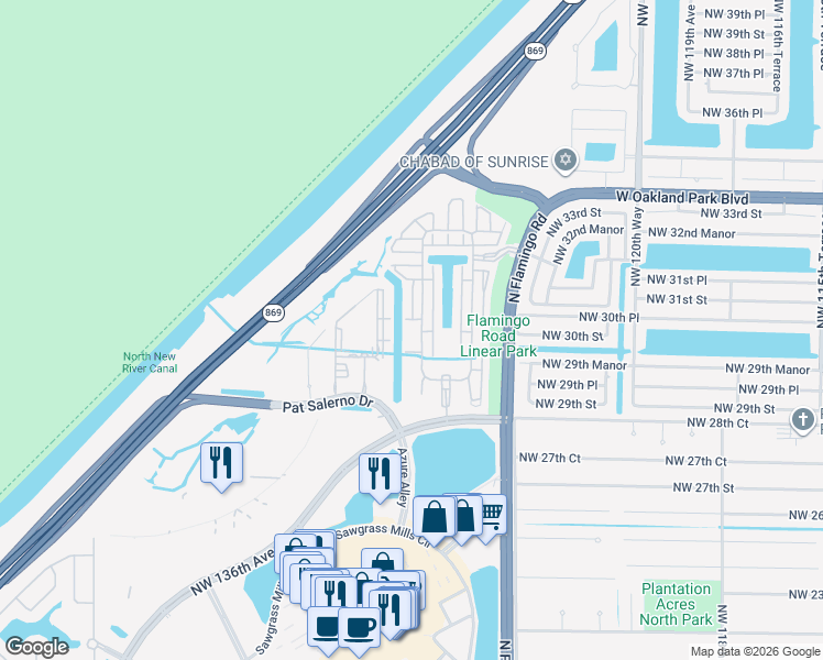 map of restaurants, bars, coffee shops, grocery stores, and more near 3160 Northwest 126th Avenue in Sunrise