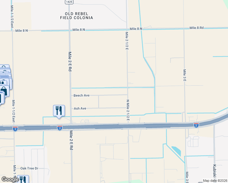 map of restaurants, bars, coffee shops, grocery stores, and more near 1602 Beech Avenue in Mercedes