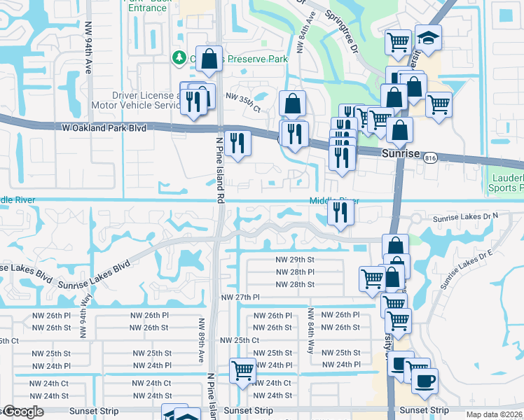 map of restaurants, bars, coffee shops, grocery stores, and more near 8580 Northwest 31st Court in Sunrise