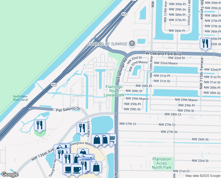 map of restaurants, bars, coffee shops, grocery stores, and more near 3138 Northwest 124th Way in Sunrise