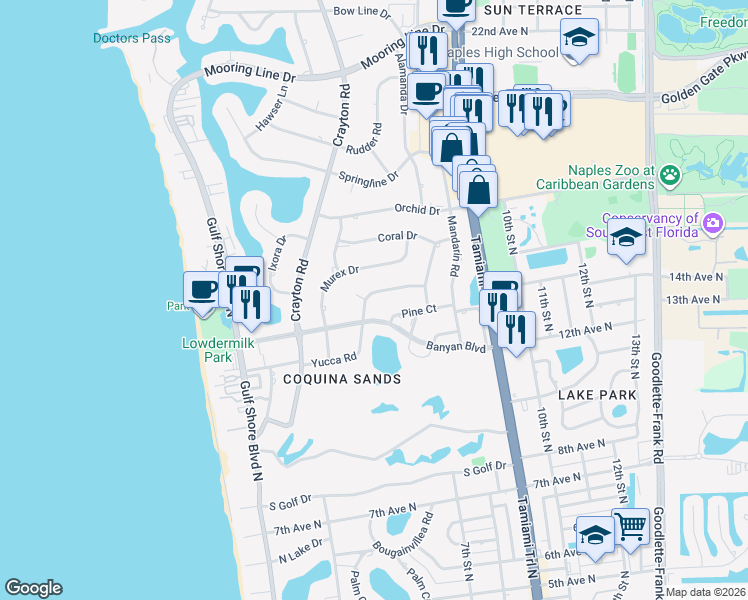 map of restaurants, bars, coffee shops, grocery stores, and more near 525 Yucca Road in Naples