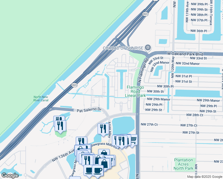 map of restaurants, bars, coffee shops, grocery stores, and more near 3160 Northwest 126th Avenue in Sunrise