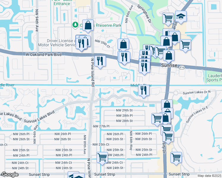 map of restaurants, bars, coffee shops, grocery stores, and more near 8580 Northwest 31st Court in Sunrise