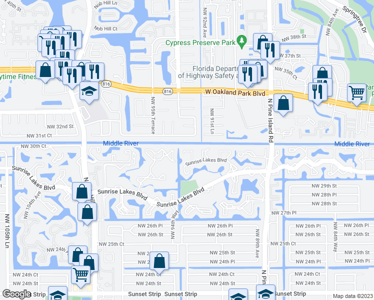 map of restaurants, bars, coffee shops, grocery stores, and more near 9370 Northwest 31st Place in Sunrise