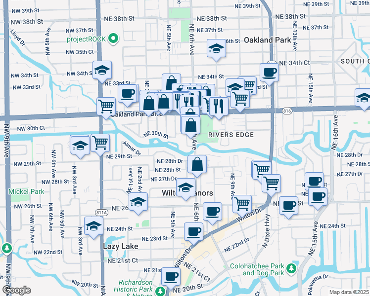 map of restaurants, bars, coffee shops, grocery stores, and more near 3004 Northeast 5th Terrace in Wilton Manors