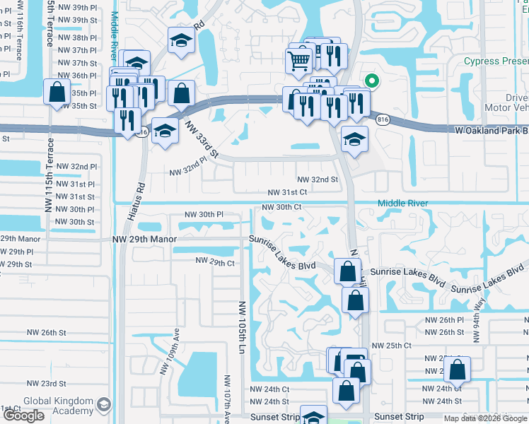 map of restaurants, bars, coffee shops, grocery stores, and more near 10430 Northwest 31st Court in Sunrise