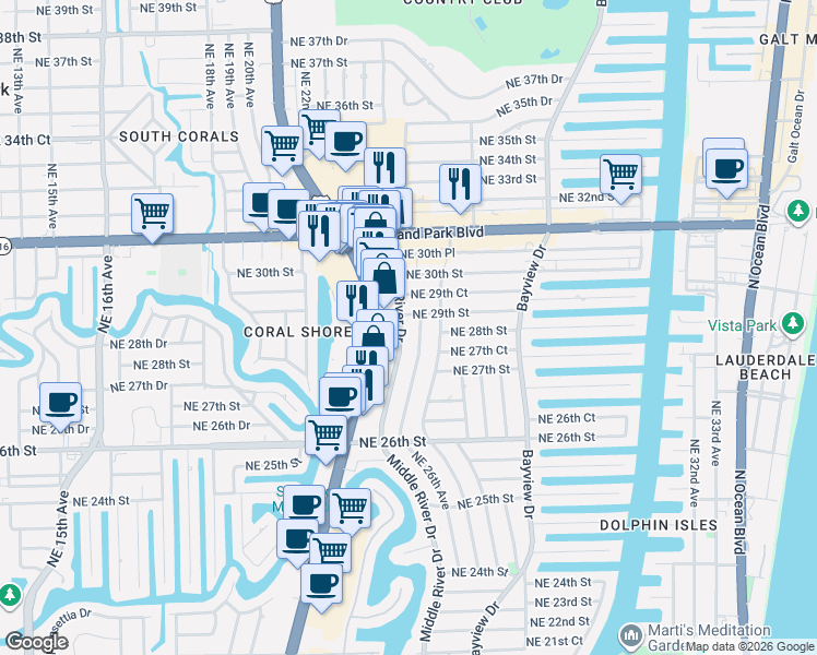 map of restaurants, bars, coffee shops, grocery stores, and more near 2900 North Federal Highway in Fort Lauderdale