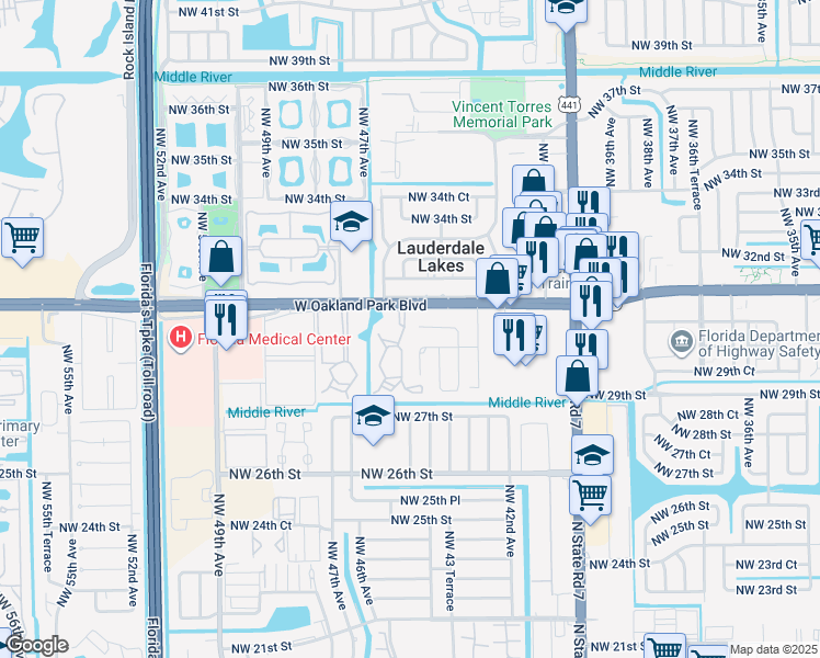 map of restaurants, bars, coffee shops, grocery stores, and more near 215 Northwest 46th Avenue in Lauderdale Lakes