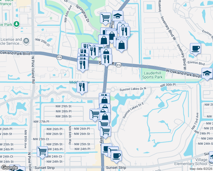 map of restaurants, bars, coffee shops, grocery stores, and more near 3100 North University Drive in Sunrise