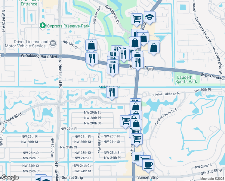 map of restaurants, bars, coffee shops, grocery stores, and more near 3244 Summerfield in Sunrise