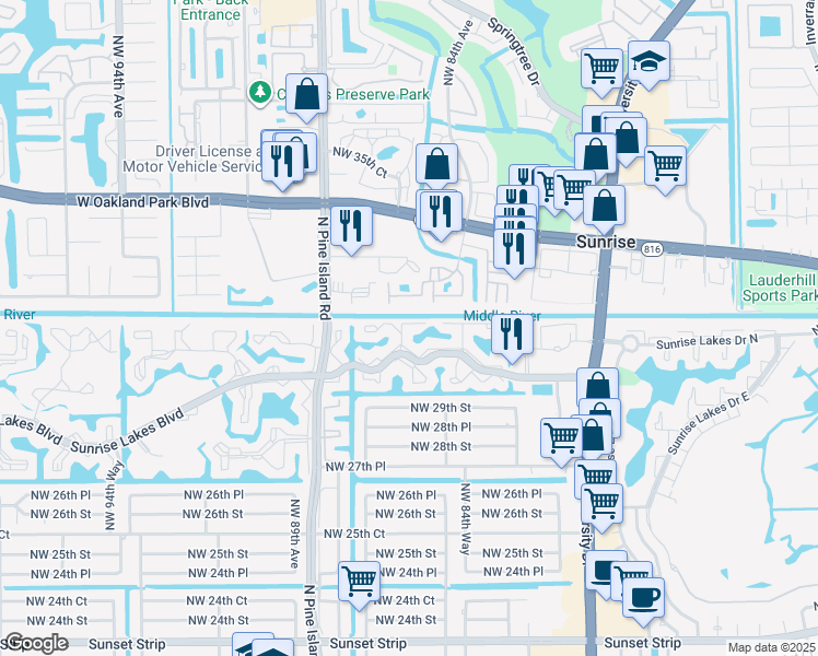 map of restaurants, bars, coffee shops, grocery stores, and more near 8580 Northwest 31st Court in Sunrise