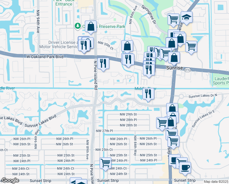 map of restaurants, bars, coffee shops, grocery stores, and more near 8580 Northwest 31st Court in Sunrise