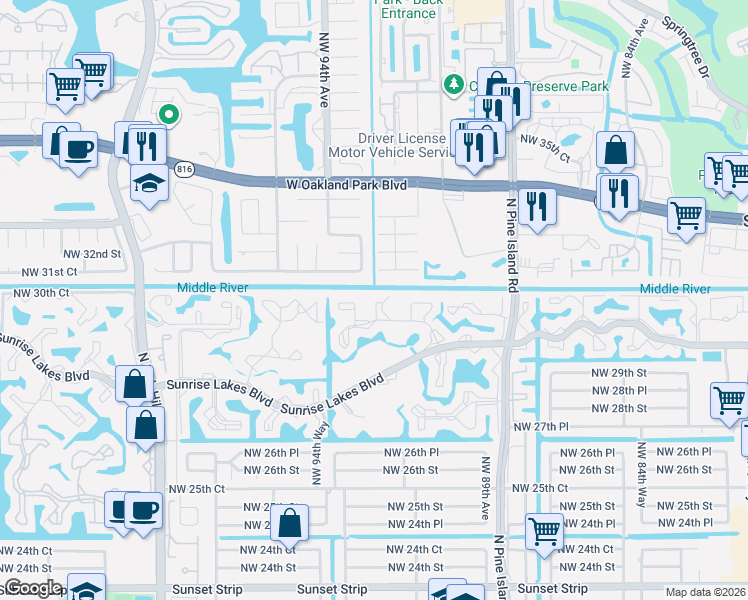 map of restaurants, bars, coffee shops, grocery stores, and more near 9310 Northwest 31st Place in Sunrise