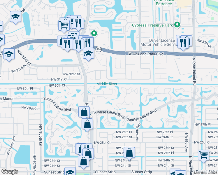 map of restaurants, bars, coffee shops, grocery stores, and more near 9600 Northwest 31st Place in Sunrise