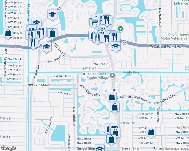 map of restaurants, bars, coffee shops, grocery stores, and more near 10360 Northwest 30th Court in Sunrise