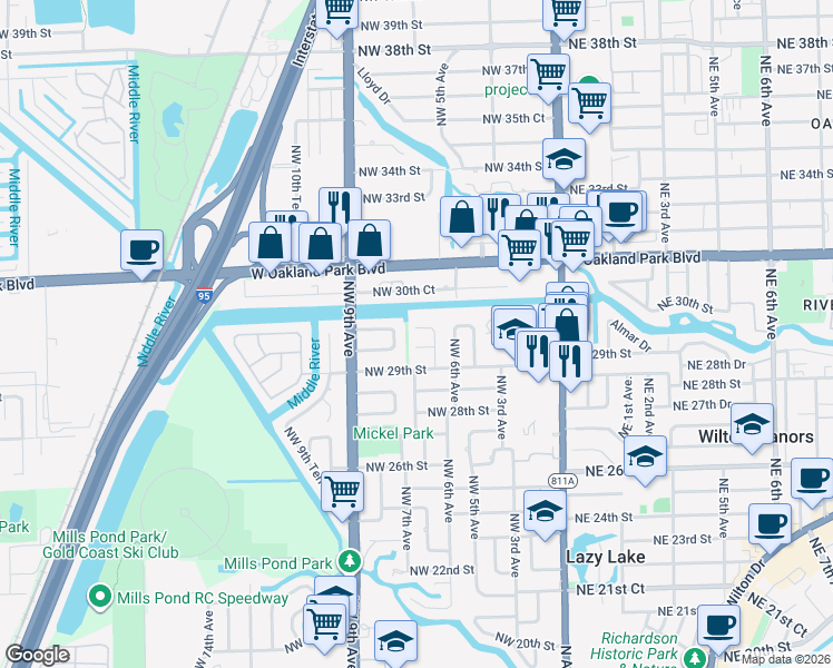 map of restaurants, bars, coffee shops, grocery stores, and more near 649 Northwest 30th Street in Wilton Manors