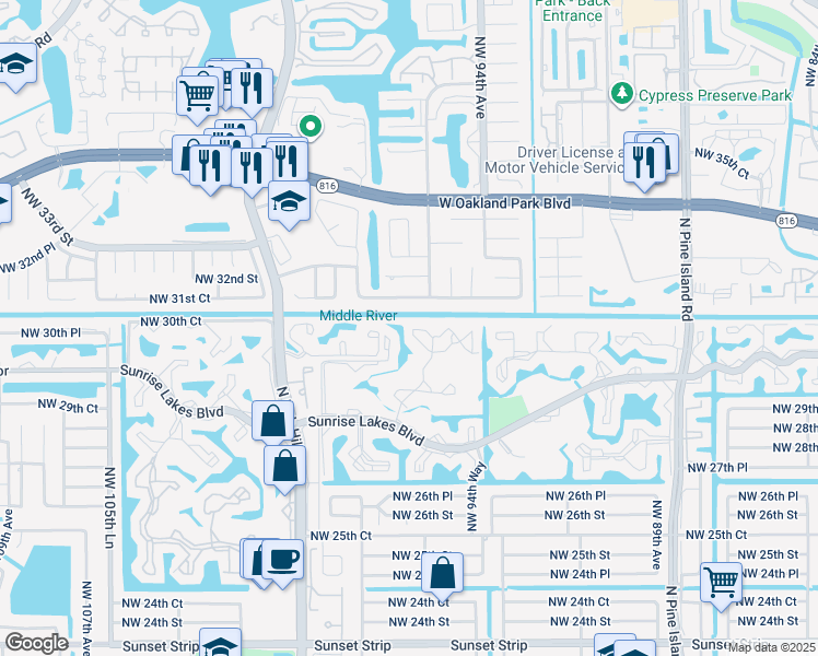map of restaurants, bars, coffee shops, grocery stores, and more near 9530 Northwest 31st Place in Sunrise