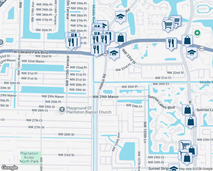 map of restaurants, bars, coffee shops, grocery stores, and more near 3135 Northwest 109th Terrace in Sunrise
