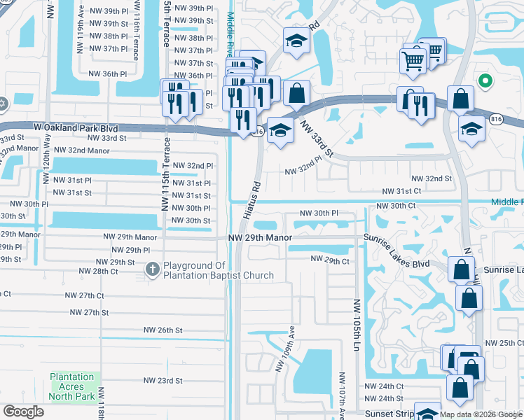 map of restaurants, bars, coffee shops, grocery stores, and more near 3135 Northwest 109th Terrace in Sunrise