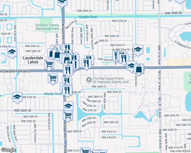 map of restaurants, bars, coffee shops, grocery stores, and more near 3620 Northwest 30th Place in Lauderdale Lakes