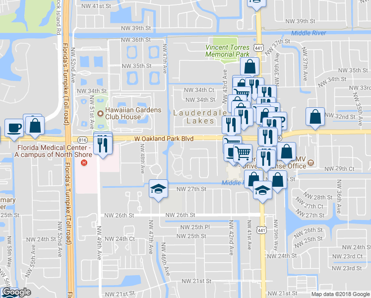map of restaurants, bars, coffee shops, grocery stores, and more near 215 Northwest 46th Avenue in Lauderdale Lakes