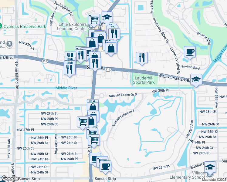map of restaurants, bars, coffee shops, grocery stores, and more near 8051 Sunrise Lakes Drive North in Sunrise