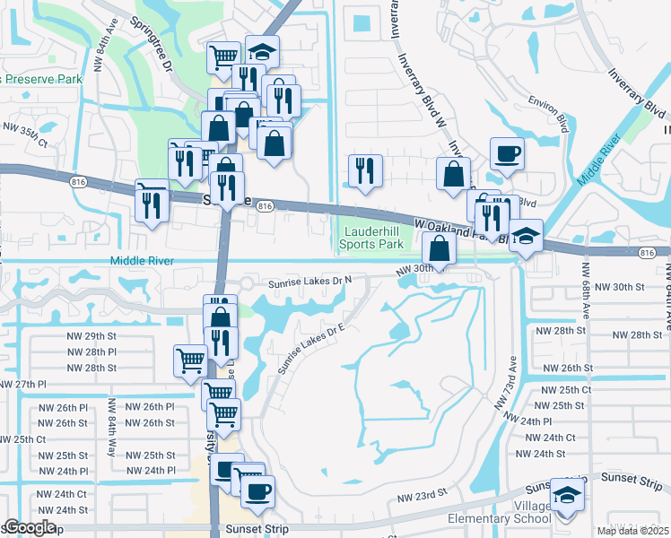 map of restaurants, bars, coffee shops, grocery stores, and more near 7991 Sunrise Lakes Drive North in Sunrise