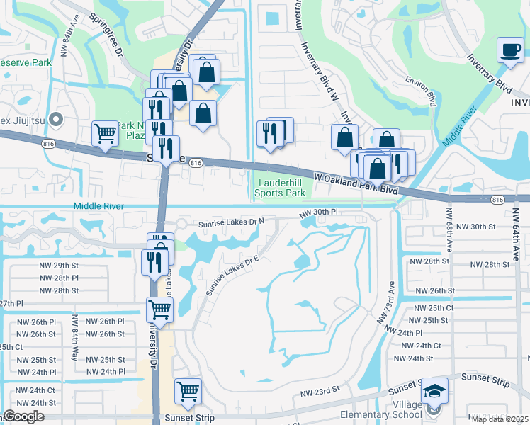 map of restaurants, bars, coffee shops, grocery stores, and more near 7891 Sunrise Lakes Drive North in Sunrise