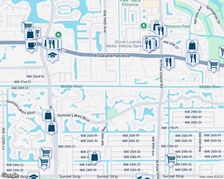 map of restaurants, bars, coffee shops, grocery stores, and more near 9310 Northwest 31st Place in Sunrise