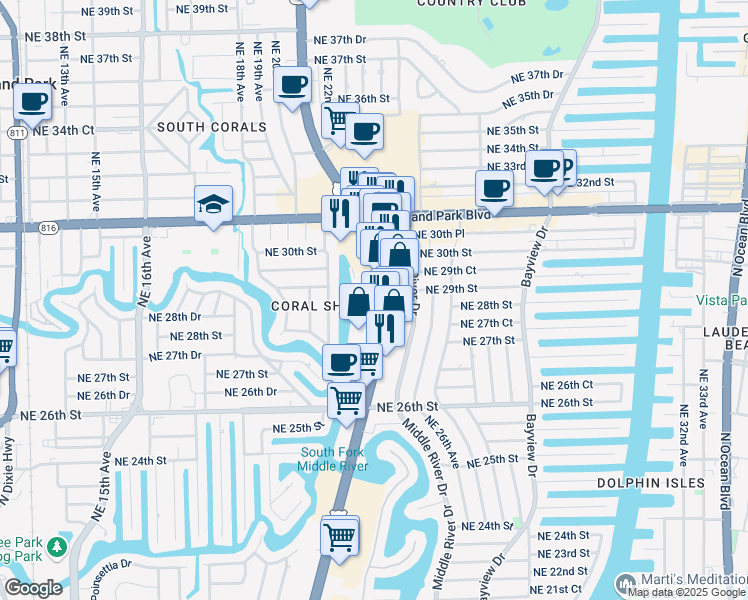 map of restaurants, bars, coffee shops, grocery stores, and more near 2935 North Federal Highway in Fort Lauderdale