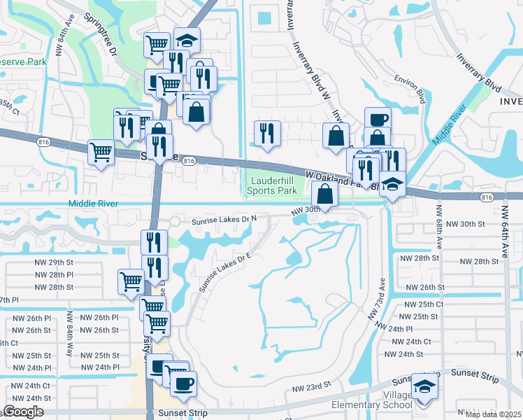 map of restaurants, bars, coffee shops, grocery stores, and more near 7891 Sunrise Lakes Drive North in Sunrise