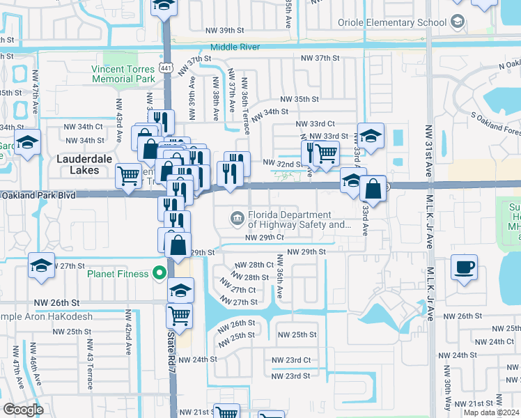 map of restaurants, bars, coffee shops, grocery stores, and more near 3620 Northwest 30th Place in Lauderdale Lakes