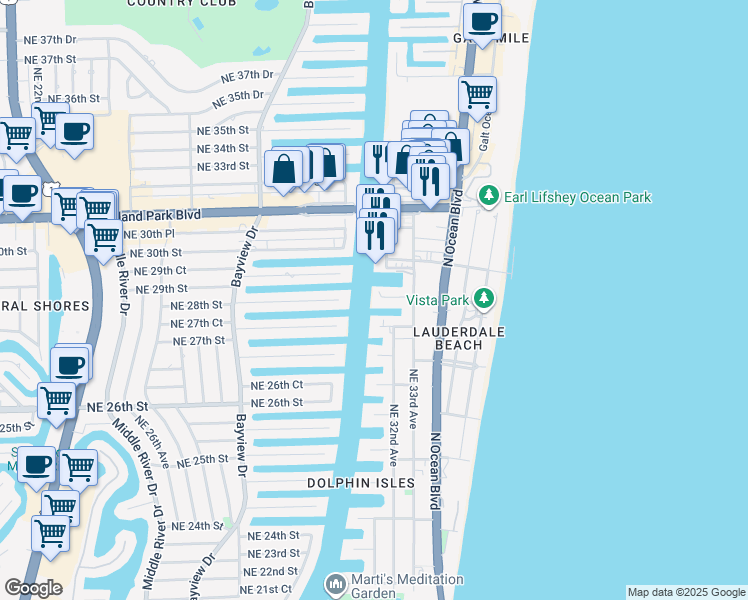 map of restaurants, bars, coffee shops, grocery stores, and more near 2891 Northeast 28th Street in Fort Lauderdale