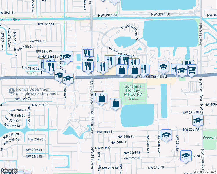 map of restaurants, bars, coffee shops, grocery stores, and more near 3054 Northwest 29th Terrace in Oakland Park
