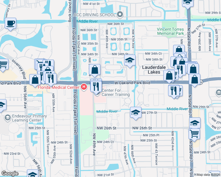 map of restaurants, bars, coffee shops, grocery stores, and more near 3001 Northwest 48th Avenue in Lauderdale Lakes