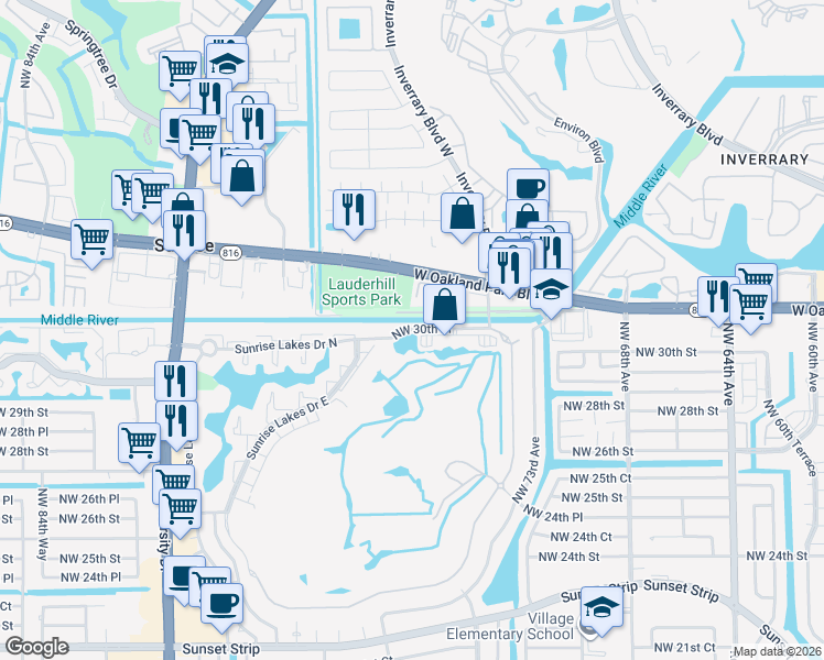 map of restaurants, bars, coffee shops, grocery stores, and more near 9253 NW 49th Pl in Sunrise