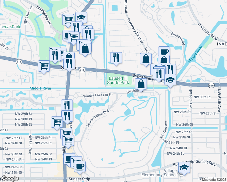 map of restaurants, bars, coffee shops, grocery stores, and more near 7891 Sunrise Lakes Drive North in Sunrise
