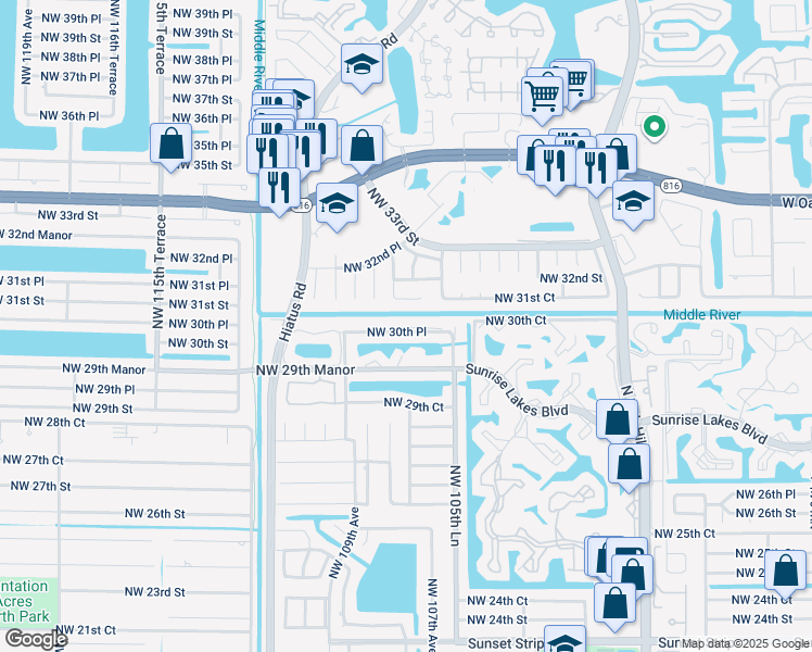 map of restaurants, bars, coffee shops, grocery stores, and more near 3107 Northwest 107th Drive in Sunrise