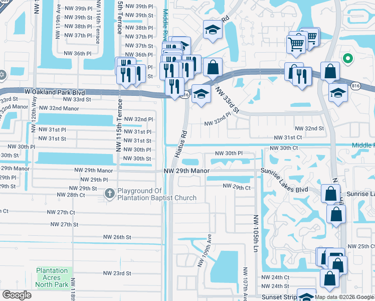 map of restaurants, bars, coffee shops, grocery stores, and more near 3135 Northwest 109th Terrace in Sunrise