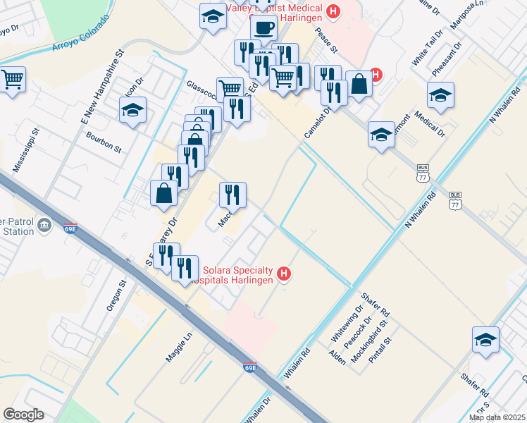 map of restaurants, bars, coffee shops, grocery stores, and more near 820 Camelot Drive in Harlingen