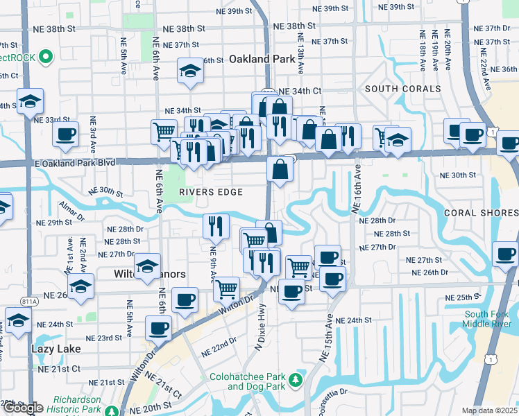 map of restaurants, bars, coffee shops, grocery stores, and more near 2979 North Dixie Highway in Oakland Park