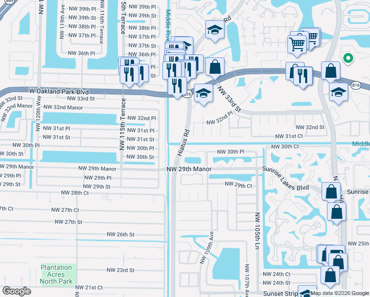 map of restaurants, bars, coffee shops, grocery stores, and more near 3135 Northwest 109th Terrace in Sunrise