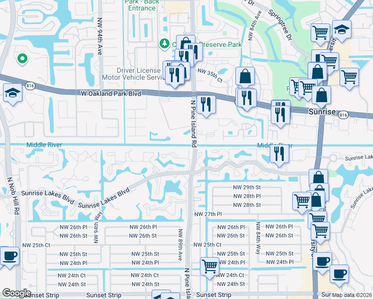 map of restaurants, bars, coffee shops, grocery stores, and more near 8841 Sunrise Lakes Boulevard in Sunrise