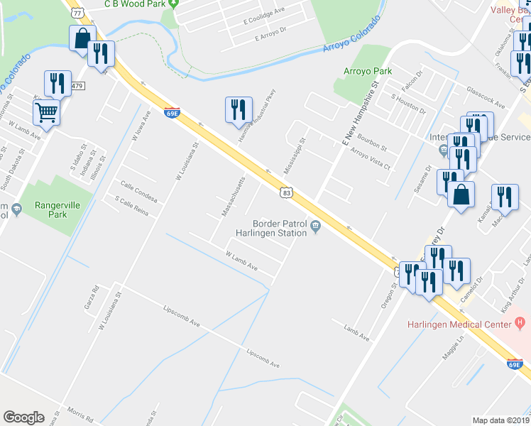 map of restaurants, bars, coffee shops, grocery stores, and more near 3805 Los Alamos Circle in Harlingen