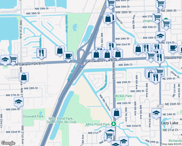 map of restaurants, bars, coffee shops, grocery stores, and more near 1141 Northwest 30th Street in Wilton Manors