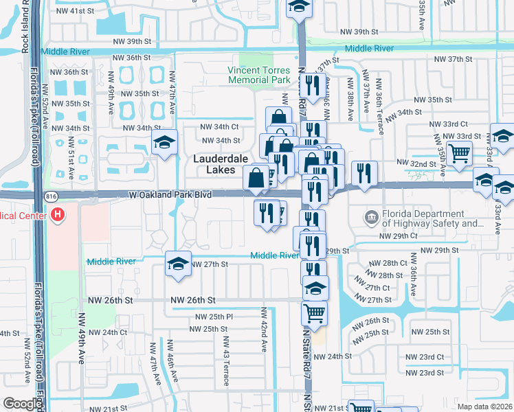 map of restaurants, bars, coffee shops, grocery stores, and more near 4330 West Oakland Park Boulevard in Lauderdale Lakes