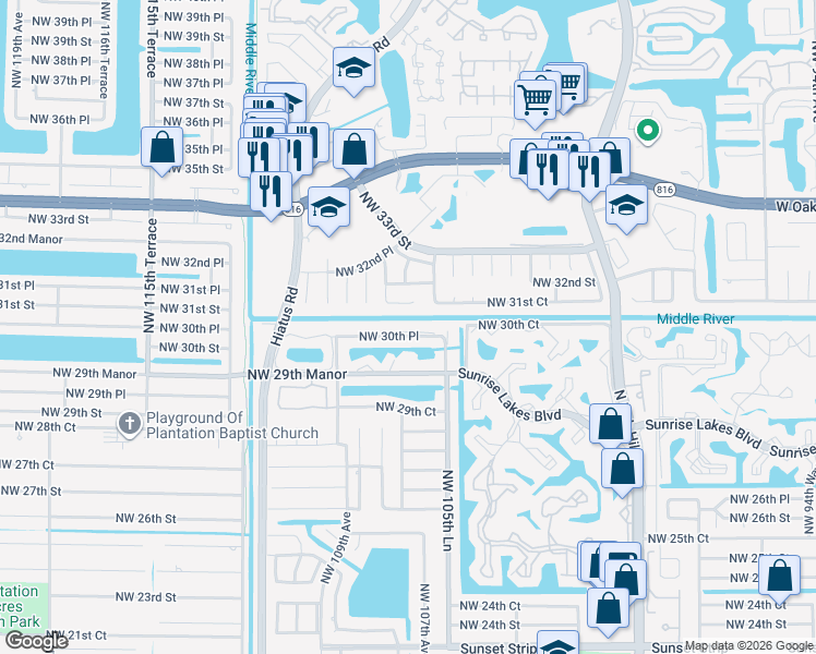 map of restaurants, bars, coffee shops, grocery stores, and more near 3107 Northwest 107th Drive in Sunrise