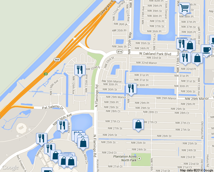 map of restaurants, bars, coffee shops, grocery stores, and more near 12322 Northwest 30th Manor in Sunrise