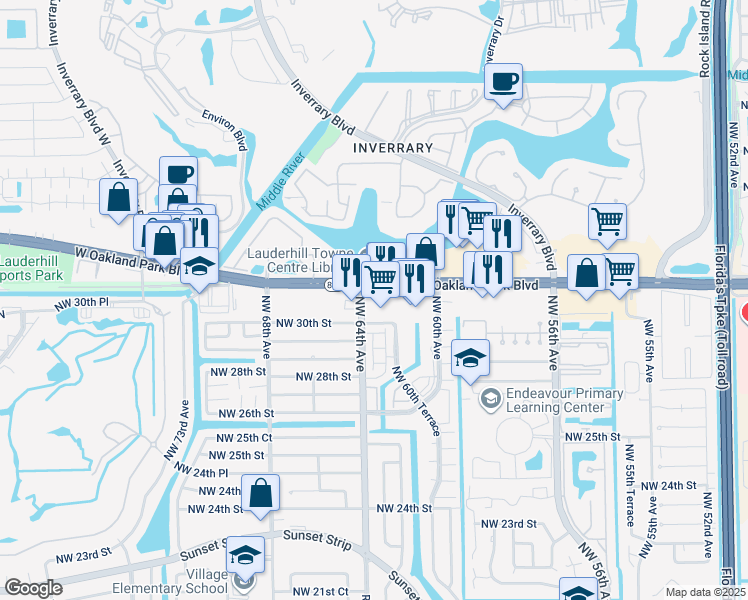 map of restaurants, bars, coffee shops, grocery stores, and more near in Sunrise