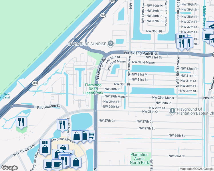 map of restaurants, bars, coffee shops, grocery stores, and more near 12322 Northwest 30th Manor in Sunrise